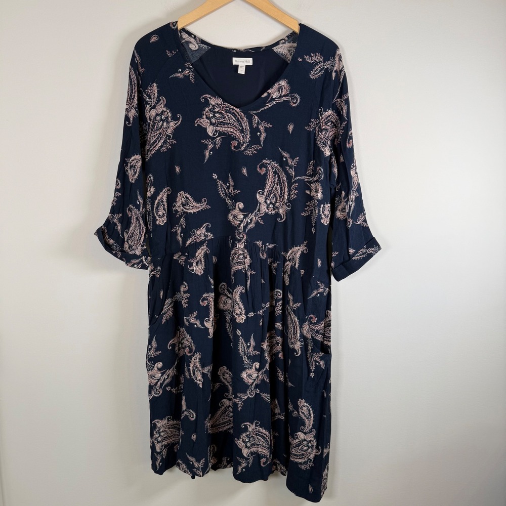 Garnet Hill Paisley Print Shift Dress 12 Navy 3/4 Sleeve V-Neck‎ Lined Pockets